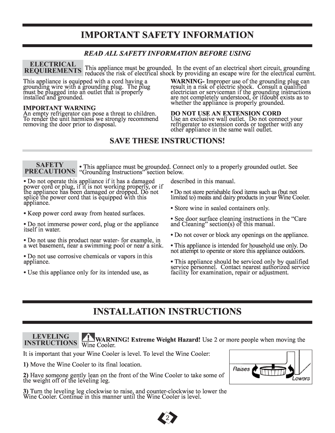 Danby DWC350BLPA Important Safety Information, Installation Instructions, Save These Instructions, Electrical, Precautions 